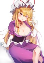 Rule 34 | 1girl, absurdres, arm up, black corset, blonde hair, blush, bow, breasts, choker, cleavage, collarbone, commentary request, corset, crossed legs, dress, elbow gloves, eyelashes, frilled dress, frilled sleeves, frills, gloves, hat, highres, long hair, looking at viewer, mob cap, open mouth, puffy short sleeves, puffy sleeves, purple dress, purple eyes, red bow, red choker, red ribbon, ribbon, ribbon choker, saki (14793221), shiny skin, short sleeves, sidelocks, simple background, sitting, solo, touhou, white background, white gloves, white hat, yakumo yukari