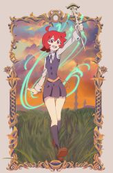 Rule 34 | 1girl, 256daniel23dub, absurdres, antenna hair, belt, black socks, border, brown footwear, cloud, cloudy sky, commentary, dusk, full body, grass, grey border, highres, holding, holding staff, kneehighs, landscape, little witch academia, luna nova school uniform, open mouth, outdoors, outside border, red eyes, red hair, running, school uniform, shiny chariot, shiny rod (little witch academia), shirt, short hair, skirt, sky, socks, solo, staff, teeth, tower, upper teeth only, ursula charistes, white shirt, witch