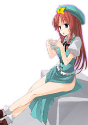 Rule 34 | 1girl, :o, bad id, bad pixiv id, beret, braid, china dress, chinese clothes, dress, embodiment of scarlet devil, female focus, gotyou, green dress, green eyes, hat, hong meiling, long hair, open mouth, puffy short sleeves, puffy sleeves, red hair, shoes, short sleeves, side slit, sitting, socks, solo, star (symbol), thighs, touhou, twin braids, very long hair, white socks