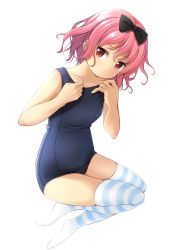 Rule 34 | 1girl, black bow, blue one-piece swimsuit, bow, flat chest, full body, hair bow, head tilt, highres, looking at viewer, old school swimsuit, one-piece swimsuit, original, pink hair, red eyes, school swimsuit, shibacha, short hair, simple background, sitting, solo, striped clothes, striped thighhighs, swimsuit, thighhighs, wavy hair, white background, white thighhighs, yokozuwari