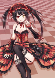 Rule 34 | 10s, 1girl, asle, bare shoulders, black hair, breasts, checkered background, checkered floor, circle skirt, cleavage, clock eyes, date a live, dress, floor, garter straps, hairband, heterochromia, lolita fashion, lolita hairband, long hair, looking at viewer, red eyes, ribbon, sitting, smile, solo, symbol-shaped pupils, thighhighs, tokisaki kurumi, twintails, uneven twintails, yellow eyes