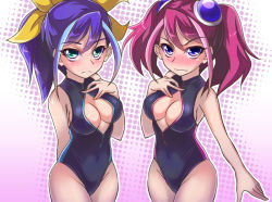 Rule 34 | &gt;:|, 2girls, :|, arm behind back, black one-piece swimsuit, blue eyes, blue hair, blush, bow, bracelet girls, breasts, center opening, cleavage, cleavage cutout, closed mouth, clothing cutout, covered navel, cowboy shot, embarrassed, eyebrows, front zipper swimsuit, frown, gradient background, green eyes, groin, hair bow, hair ornament, hairpods, halftone, halftone background, halterneck, hand on own chest, high ponytail, highleg, highleg swimsuit, hiiragi yuzu, kohatsuka, legs together, looking at viewer, medium breasts, meme attire, multicolored hair, multiple girls, nose blush, one-piece swimsuit, outline, parted bangs, pink hair, ponytail, purple background, serena (yu-gi-oh!), short twintails, sideboob, sidelocks, standing, sweatdrop, swimsuit, thighs, turtleneck, twintails, two-tone hair, unzipped, v-shaped eyebrows, wavy mouth, yu-gi-oh!, yu-gi-oh! arc-v, zipper