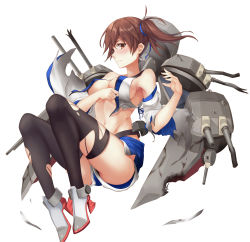 Rule 34 | 10s, 1girl, absurdres, adapted costume, alternate costume, alternate weapon, asymmetrical hair, black thighhighs, blush, breasts, brown eyes, brown hair, cannon, detached sleeves, highres, kaga (kancolle), kantai collection, personification, short hair, short shorts, shorts, side ponytail, solo, thighhighs, torn clothes, turret, underboob, weapon, white background, zi se