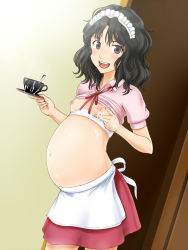 Rule 34 | 1girl, amagami, apron, black eyes, black hair, blush, breasts, clothes lift, cup, female focus, highres, holding, indoors, lactation, looking at viewer, messy hair, myu-po, navel, nipples, no bra, open mouth, plate, pregnant, shirt lift, short hair, small breasts, smile, solo, standing, tanamachi kaoru, waitress