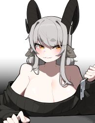 absurdres animal_ears bolt_(min_lona) breasts cleavage goat_ears goat_girl goat_horns gradient_background grey_hair highres holding horizontal_pupils horns large_breasts min_lona original rectangular_pupils thick_eyebrows yellow_eyes