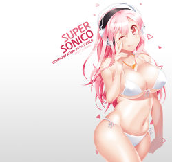 Rule 34 | 1girl, bad id, bad pixiv id, bikini, blush, breasts, cleavage, headphones, large breasts, long hair, looking at viewer, monami, navel, nitroplus, one eye closed, open mouth, pink eyes, pink hair, red eyes, smile, solo, super sonico, swimsuit, white bikini