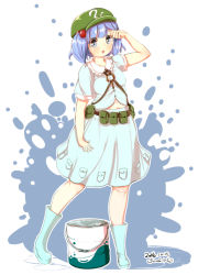 Rule 34 | 1girl, :o, adjusting hair, belly, belt, blouse, blue eyes, blue hair, blunt bangs, blush, body blush, boots, cabbie hat, furim, hair bobbles, hair ornament, hat, highres, kawashiro nitori, key, looking at viewer, matching hair/eyes, no nose, open clothes, open shirt, paint can, pocket, rubber boots, shirt, short hair, skirt, solo, touhou, two side up, utility belt, wide hips