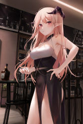 Rule 34 | 1girl, alcohol, armpits, bare arms, bare shoulders, black dress, blush, bottle, breasts, cherry, chinese commentary, cleavage, cocktail dress, covered navel, cowboy shot, cup, demon girl, demon horns, detached collar, dress, drinking glass, fingernails, food, fruit, halter dress, halterneck, hand on own hip, highres, holding, holding cup, horns, long fingernails, long hair, looking at viewer, medium breasts, mole, mole under eye, nail polish, no panties, original, parted lips, pelvic curtain, pink hair, pink nails, pointy ears, red eyes, ru zhai, sleeveless, sleeveless dress, solo, spaghetti strap, thighs, underbust, whiskey, white hair, wine glass