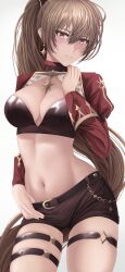 Rule 34 | 1girl, absurdres, azur lane, breasts, brown hair, cleavage, commentary, contrapposto, earrings, hair between eyes, high ponytail, highres, jacket, jean bart (azur lane), jewelry, large breasts, light blush, long hair, long sleeves, looking at viewer, navel, ponytail, red eyes, short shorts, shorts, simple background, skindentation, solo, stomach, syn (synstyle), thigh strap, thumb in beltline, very long hair, white background