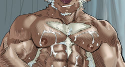 Rule 34 | 1boy, animal ears, bara, blush, censored, chest hair, close-up, completely nude, cow ears, cow horns, cum, cum on body, cum on male, cum on pectorals, facial hair, furry, furry male, goatee, highres, horns, large pectorals, male focus, minotaur, monmonhomon, muscular, no headwear, nude, paid reward available, pectoral focus, pectorals, purple eyes, purple horns, seductive smile, shennong (housamo), short hair, smile, solo, sweat, tokyo houkago summoners, upper body, veins, white hair