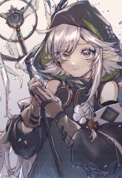 Rule 34 | 1girl, absurdres, arknights, bare shoulders, braid, commentary request, flower, gloves, goi., grey background, grey eyes, grey gloves, highres, holding, holding staff, hood, long hair, long sleeves, pointy ears, silver hair, single braid, single sidelock, solo, staff, tomimi (arknights), upper body, white flower