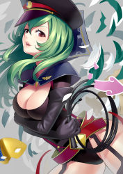 Rule 34 | 10s, 1girl, breasts, cleavage, garter belt, garter straps, gloves, green hair, hat, k+, large breasts, legs, long hair, open mouth, solo, star driver, thick thighs, thighs, watanabe kanako, whip