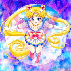 Rule 34 | 1990s (style), 1girl, bad id, bad pixiv id, bishoujo senshi sailor moon, blonde hair, blue eyes, blue sailor collar, boots, bow, brooch, choker, double bun, earrings, elbow gloves, full body, gloves, hair bun, hair ornament, hairpin, heart, heart brooch, highres, jewelry, knee boots, long hair, magical girl, multicolored clothes, multicolored skirt, outstretched arms, pleated skirt, ponsu (ponzuxponzu), ponze, red bow, retro artstyle, ribbon, sailor collar, sailor moon, skirt, smile, solo, spread arms, super sailor moon, tiara, tsukino usagi, twintails, white gloves