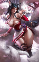 Rule 34 | 1girl, ahri (league of legends), aleriia v, animal ears, bandaged leg, bandages, black hair, blowing kiss, braid, breasts, cleavage, facial mark, fox ears, fox girl, highres, korean clothes, large breasts, league of legends, long hair, multiple tails, off shoulder, one eye closed, solo, tail, thighs, whisker markings, yellow eyes