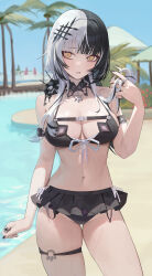 Rule 34 | 1girl, absurdres, arm strap, bare shoulders, bikini, black bikini, black choker, black hair, black nails, breasts, choker, cleavage, collarbone, hair ornament, highres, hololive, hololive english, lace, lace choker, large breasts, long hair, looking at viewer, lser116, multicolored hair, navel, open mouth, outdoors, shiori novella, shiori novella (1st costume), smile, solo, split-color hair, swimsuit, thighs, two-tone hair, virtual youtuber, white hair, yellow eyes, yorick (shiori novella)