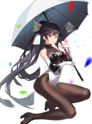 Rule 34 | 1girl, absurdres, azur lane, bare shoulders, black footwear, bodystocking, bow, brown hair, brown legwear, cleavage cutout, clothing cutout, elbow gloves, fingerless gloves, full body, gloves, hair flaps, high heels, highres, holding, holding umbrella, impossible clothes, leotard, long hair, multicolored leotard, ninsaki (9saki), race queen, red eyes, sleeveless, solo, takao (azur lane), takao (full throttle charmer) (azur lane), two-tone leotard, umbrella, unitard, very long hair, white bow