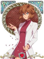Rule 34 | 1girl, absurdres, breasts, brown hair, closed mouth, coat, cowboy shot, dress, green eyes, hand up, highres, lab coat, long sleeves, lucrecia (lucrecia84), medium breasts, meitantei conan, miyano shiho, open clothes, open coat, pill, red dress, short hair, solo, watermark, white coat
