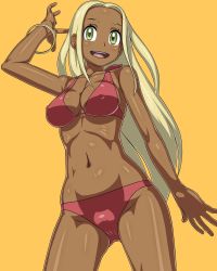 Rule 34 | 1girl, bikini, blonde hair, breasts, bright pupils, creatures (company), forehead, full body, game freak, green eyes, hand gesture, hand up, highres, long hair, looking at viewer, medium breasts, navel, nintendo, npc trainer, ocean, open mouth, peace symbol, pokemon, pokemon xy, red bikini, smile, solo, stomach, straight hair, swimmer (pokemon), swimsuit, tan, tsuichi, white pupils