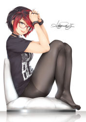 Rule 34 | 1girl, absurdres, ashley rosemarry, black hair, black nails, black pantyhose, black shirt, bob cut, bracelet, character signature, clothes writing, crossed ankles, cursive, earrings, feet, female focus, fine fabric emphasis, freckles, from side, full body, glasses, goth fashion, highres, jewelry, kopianget, looking at viewer, looking to the side, multicolored hair, nail polish, no shoes, open mouth, pantyhose, profile, red-framed eyewear, red hair, ring, shirt, short hair, short sleeves, signature, sitting, solo, stayblack, stud earrings, swept bangs, t-shirt, thighhighs, toes, very short hair, white background