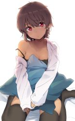 Rule 34 | 1girl, absurdres, black thighhighs, blush, breasts, brown hair, camisole, closed mouth, collarbone, dark-skinned female, dark skin, highres, kazenoko, looking at viewer, medium breasts, off-shoulder shirt, off shoulder, original, pillow, red eyes, shirt, short hair, simple background, sleeves past wrists, solo, strap slip, tan, thighhighs, white background