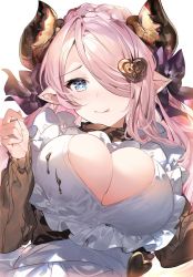 Rule 34 | 1girl, :q, blue eyes, blush, braid, breasts, chocolate on clothes, cleavage, cleavage cutout, clothing cutout, crown braid, draph, fang, granblue fantasy, hair ornament, hair over one eye, heart, heart-shaped pupils, heart cutout, heart hair ornament, highres, horn ornament, horn ribbon, horns, large breasts, long hair, meme attire, narmaya (granblue fantasy), narmaya (valentine) (granblue fantasy), open-chest sweater, pink hair, ribbon, solo, sweater, symbol-shaped pupils, tongue, tongue out, umibouzu (niito), upper body