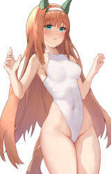 Rule 34 | 1girl, absurdres, alternate breast size, animal ears, breasts, competition swimsuit, covered navel, cowboy shot, ear covers, green eyes, hairband, highleg, highleg swimsuit, highres, hime cut, horse ears, horse girl, horse tail, medium breasts, one-piece swimsuit, orange hair, owl (ddap), silence suzuka (umamusume), simple background, solo, swimsuit, tail, umamusume, white background, white hairband, white one-piece swimsuit