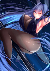 Rule 34 | 1girl, :3, absurdly long hair, absurdres, animal ears, armpits, azur lane, black leotard, blue eyes, blush, bodystocking, breasts, cleavage, fake animal ears, highres, huge breasts, leotard, long hair, looking at viewer, neusora (neusora aratan), new jersey (azur lane), new jersey (exhilarating steps!) (azur lane), official alternate costume, one eye closed, oversized breast cup, playboy bunny, pole, pole dancing, rabbit ears, see-through, see-through cleavage, solo, strapless, strapless leotard, stripper pole, tongue, tongue out, very long hair