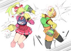 Rule 34 | 2girls, arms (game), battle, beanie, black leggings, blonde hair, blood, boxing gloves, breasts, crossed bangs, domino mask, grin, hat, heart, leggings, pantyhose under shorts, long hair, mask, min min (arms), multicolored hair, multiple girls, nexas, nintendo, pantyhose, ponytail, punched, punching, ribbon girl (arms), ribbon hair, short hair, shorts, simple background, skirt, smile, spoken heart, sports bra, thick eyebrows, thighs, toned, two-tone hair, white background