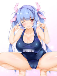 Rule 34 | 10s, 1girl, ;q, blue hair, blush, breasts, cameltoe, cleavage, cleavage cutout, clothing cutout, collarbone, hair ribbon, i-19 (kancolle), kantai collection, large breasts, licking lips, one-piece swimsuit, one eye closed, red eyes, ribbon, school swimsuit, smile, solo, spread legs, squatting, swimsuit, tongue, tongue out, twintails, yukinon, yukinon (tsuki koubou)
