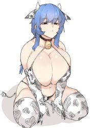 Rule 34 | 1girl, animal ears, animal print, bare shoulders, bell, belly, black eyes, blue hair, bra, breasts, character request, cleavage, closed mouth, collarbone, commentary, copyright request, cow ears, cow print, cowbell, elbow gloves, full body, gimmogu, gloves, hair between eyes, highres, horns, huge breasts, long hair, looking at viewer, navel, panties, sidelocks, simple background, sitting, sketch, solo, symbol-only commentary, thighhighs, underwear, white background
