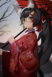 Rule 34 | 1girl, animal ear fluff, animal ears, bare tree, black choker, black hair, choker, cine (wazd0183), commentary, floral print, from side, glasses, hair ribbon, hand up, highres, holding, holding umbrella, hololive, japanese clothes, kimono, long hair, long sleeves, looking at viewer, multicolored hair, oil-paper umbrella, ookami mio, ookami mio (new year), ponytail, red hair, red kimono, red umbrella, ribbon, round eyewear, sky, solo, straight hair, streaked hair, tree, umbrella, upper body, very long hair, virtual youtuber, wide sleeves, wolf ears, wolf girl, yellow eyes