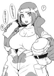 Rule 34 | 1girl, ?, blush, breast press, breasts, cleavage, collarbone, cowboy shot, creatures (company), cup, disposable cup, drinking straw, eyebrows, eyelashes, forehead, game freak, gloves, hair strand, helmet, high collar, highres, holding, holding cup, holding helmet, impossible clothes, impossible shirt, jumpsuit, komusou (jinrikisha), large breasts, light blush, lips, long sleeves, looking at viewer, monochrome, nintendo, open mouth, partially unzipped, pocket, pokemon, pokemon tcg, rubber gloves, shirt, short hair, sidelocks, simple background, solo, speech bubble, standing, sweat, tank top, taut clothes, taut shirt, translation request, welder (pokemon), welding mask, white background, zipper