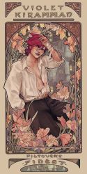 Rule 34 | 1girl, arcane: league of legends, bandages, black pants, breasts, character name, collarbone, earrings, flower, grey shirt, highres, jewelry, league of legends, long sleeves, looking at viewer, open clothes, open shirt, pants, parted lips, raven (raven bythesea), red hair, shirt, shirt tucked in, short hair, small breasts, smile, solo, teeth, vi (league of legends)