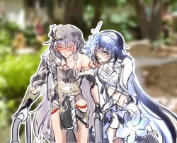 Rule 34 | 2girls, asymmetrical clothes, blonde hair, blurry, blurry background, blush, breasts, chest tattoo, chinese clothes, closed mouth, commentary, english commentary, flower, fu hua, fu hua (herrscher of sentience), grey hair, hair between eyes, hair flower, hair ornament, honkai (series), honkai impact 3rd, jewelry, long hair, looking at another, melonlee png, meme, multicolored hair, multiple girls, navel, open mouth, outdoors, park, parody, seele vollerei, seele vollerei (herrscher of rebirth), single bare shoulder, small breasts, standing, streaked hair, sure grandma let&#039;s get you to bed (meme), tattoo, tree, upper body, very long hair