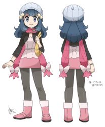 Rule 34 | 1girl, alternate costume, bad id, bad twitter id, bag, beanie, black pantyhose, blue eyes, blue hair, character sheet, creatures (company), cropped jacket, dawn (pokemon), game freak, hair bobbles, hair ornament, handbag, hat, long hair, multiple views, nintendo, pantyhose, parody, pink scarf, pokemon, pokemon dppt, redesign, remotarou, scarf, smile, style parody, turnaround, white background, winter clothes