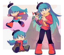 Rule 34 | &gt;:), 1girl, age comparison, aged down, aqua hair, beret, black headwear, black pantyhose, blue eyes, boots, brick st, brown footwear, brown sweater, child, full body, hat, highres, hilda (hilda), hilda (series), long hair, looking to the side, low twintails, multiple views, pantyhose, red footwear, red scarf, red sweater, running, scarf, sitting, sleeves past fingers, sleeves past wrists, standing, sweater, twig, twintails, v-shaped eyebrows, yellow scarf