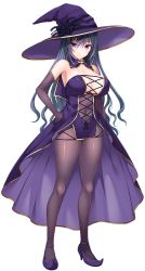 Rule 34 | 1girl, asami asami, black hair, breasts, covered navel, dress, elbow gloves, full body, gloves, hand on own hip, hat, high heels, huge breasts, long hair, official art, okayu seira, photoshop (medium), pointy footwear, purple eyes, role player: okayu shimai no nenmaku potrait - gurigucha live!, solo, standing, strappy heels, tachi-e, transparent background, witch hat