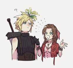 Rule 34 | 1boy, 1girl, ?, aerith gainsborough, armor, bangle, belt, blonde hair, blue eyes, bracelet, breasts, brown hair, buster sword, buttons, choker, cloud strife, cropped jacket, dress, final fantasy, final fantasy vii, final fantasy vii remake, flower, flower choker, green eyes, hair flower, hair ornament, hair ribbon, hands up, highres, jacket, jewelry, kuri6 4, medium breasts, open mouth, parted bangs, pink dress, pink ribbon, red jacket, ribbon, short hair, short sleeves, shoulder armor, sidelocks, sleeveless, sleeveless turtleneck, smile, spiked hair, square enix, suspenders, turtleneck, upper body, w arms, wavy hair, weapon, weapon on back