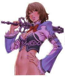 Rule 34 | 1girl, absurdres, backlighting, bottomless, breasts, brown hair, cleavage, groin, highres, lipstick, long sleeves, makeup, nail polish, navel, out-of-frame censoring, parted lips, purple nails, short hair, solo, sword, weapon, wild flower, yamashita shun&#039;ya