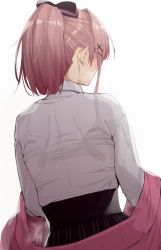Rule 34 | 1girl, blouse, blush, bow, bra, bra visible through clothes, cardigan, clothes down, collared shirt, commentary request, from behind, hair bow, hair ornament, high-waist skirt, highres, light brown hair, medium hair, nijisanji, pink cardigan, ponytail, see-through, shirt, simple background, skirt, solo, steaming body, striped bow, striped clothes, striped skirt, suzuhara lulu, sweatdrop, underwear, undressing, uno ryoku, upper body, vertical-striped clothes, vertical-striped skirt, virtual youtuber, white background, white shirt, x hair ornament