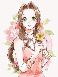 Rule 34 | 1girl, aerith gainsborough, bangle, bare shoulders, bracelet, braid, braided ponytail, breasts, brown hair, choker, final fantasy, final fantasy vii, final fantasy vii remake, floral background, flower, flower choker, green eyes, hair ribbon, highres, holding, holding flower, jewelry, long hair, medium breasts, omochi daisuki, parted bangs, parted lips, pink ribbon, ribbon, sidelocks, solo, upper body, wavy hair, yellow flower