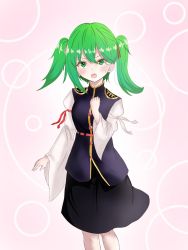 Rule 34 | 1girl, alternate hairstyle, atodashi, black skirt, black vest, blush, cowboy shot, epaulettes, gold trim, green eyes, green hair, highres, long sleeves, looking at viewer, medium hair, no headwear, pink background, shiki eiki, skirt, solo, standing, touhou, twintails, twintails day, v-shaped eyebrows, vest, wide sleeves