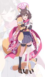 Rule 34 | 1girl, absurdres, animal, animal ear fluff, animal ears, asymmetrical legwear, black socks, blue archive, blue skirt, brown footwear, brown hair, commentary, fang, fishnet thighhighs, fishnets, fox, fox ears, fox girl, fox hair ornament, fox tail, full body, halo, highres, holding, holding animal, izuna (blue archive), kneehighs, looking at viewer, medium hair, one eye closed, open mouth, pink halo, pink scarf, pleated skirt, same (samefgo), scarf, shirt, simple background, skin fang, skirt, smile, socks, solo, standing, tail, thighhighs, white background, white shirt, yellow eyes, zoom layer