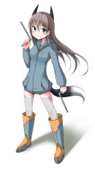 Rule 34 | 1girl, animal ears, boots, brown hair, dowsing rod, eila ilmatar juutilainen, female focus, full body, gradient background, green eyes, highres, hood, hoodie, long hair, rosettastone, simple background, solo, strike witches, tail, thighhighs, white background, world witches series