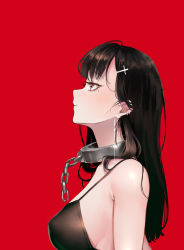 Rule 34 | 1girl, absurdres, bad id, bad pixiv id, bare arms, bare shoulders, black dress, black hair, breasts, brown eyes, chain, closed mouth, collar, collarbone, commentary request, covered erect nipples, cross hair ornament, dress, earrings, from side, hair ornament, hairclip, highres, jewelry, large breasts, long hair, looking up, metal collar, mole, mole under eye, original, profile, red background, side boob, sideboob, simple background, solo, upper body, zhuang yao