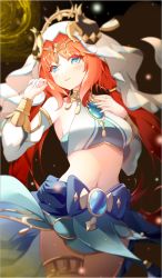 Rule 34 | 1girl, aqua eyes, blurry, blurry background, blush, border, breasts, circlet, cowboy shot, crop top, dancer, detached sleeves, forehead jewel, genshin impact, gold trim, hands up, harem outfit, jewelry, long hair, long sleeves, looking to the side, medium breasts, navel, neck ring, nilou (genshin impact), parted bangs, parted lips, puffy long sleeves, puffy sleeves, red hair, skirt, smile, solo, stomach, thighlet, twintails, vambraces, veil, white border, ziluolan jia de mao