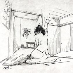 Rule 34 | 1girl, arm up, blush, can, commentary request, computer, drunk, ear blush, from behind, highres, hiro (dismaless), holding, holding can, indoors, laptop, monochrome, nib pen (medium), original, ponytail, signature, sitting, skirt, solo, strong zero, traditional media