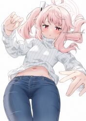 Rule 34 | 1girl, absurdres, ahoge, alternate costume, blue archive, blue pants, denim, halo, highres, jeans, long hair, long sleeves, looking at viewer, midriff, midriff peek, natsu (blue archive), navel, pants, pink hair, red eyes, ribbed sweater, side ponytail, simple background, solo, sweater, thigh gap, turtleneck, turtleneck sweater, twitter username, white background, white sweater, yamano rokamizu