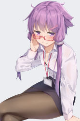 Rule 34 | 1girl, arm support, black bra, black skirt, blush, bra, brown pantyhose, closed mouth, collarbone, collared shirt, commentary request, crossed legs, dress shirt, feet out of frame, glasses, grey background, hair ornament, hairclip, hand up, highres, kanzen bouon, lanyard, long hair, long sleeves, looking at viewer, pantyhose, pencil skirt, purple eyes, purple hair, red-framed eyewear, semi-rimless eyewear, shirt, simple background, sitting, skirt, smile, solo, under-rim eyewear, underwear, vocaloid, voiceroid, white shirt, yuzuki yukari