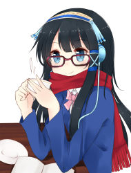 Rule 34 | 1girl, absurdres, bespectacled, blue eyes, cup, glasses, headphones, highres, isis (p&amp;d), nikitan (niki), puzzle &amp; dragons, red scarf, scarf, school uniform, smile, solo, teacup